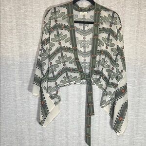 Pilcro Patterned Green Women's Tie Front Wide Sleeve Cropped Kimono